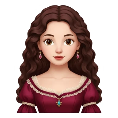 Renaissance lady – long dark brown wavy hair, burgundy gown with lace neckline sticker