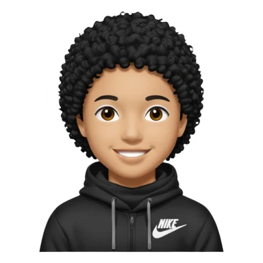 Blasian teenager wearing a hoodie with black curly hair and nike ski mask sticker