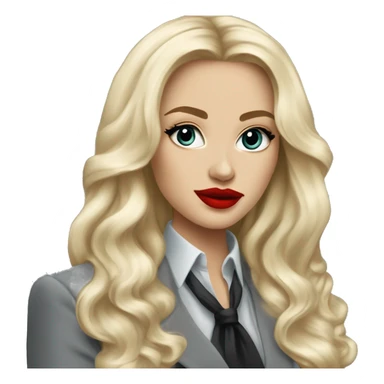 Russian Blonde long hair with big red lips small nose and black eyes Tiffany diamond seller in a grey suit sticker