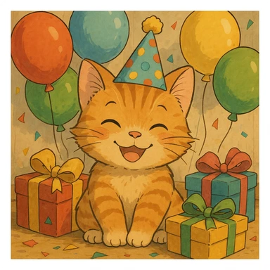 ginger tabby kitten wearing a birthday hat, surrounded by balloons and gifts, smiling, ghibli style birthday scene sticker