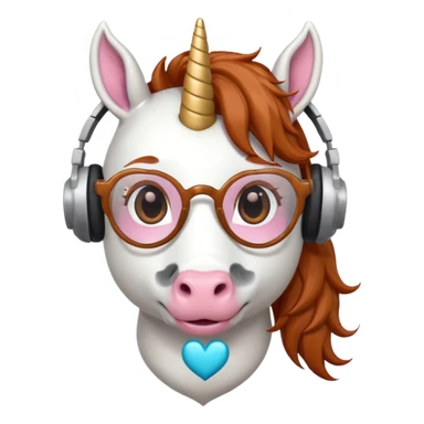 headphone wearing white unicorn with dark ginger hair and heart shaped spectacles sticker