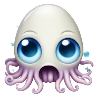 An oblong floating squid in dark blue gradient with happy eyes, a slight violet tint on te end of the tenacles, with bubbles floating around, without mouth, with back eyes surrounded by blue sticker
