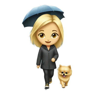 Blonde girl walking pomeranian under the rain sticker