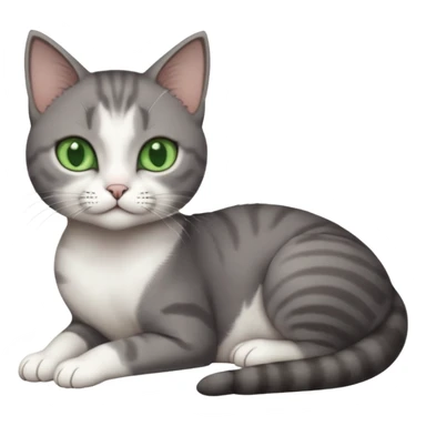 full body tiny short hair dark grey and white cat with white front legs and green eyes lying down sticker