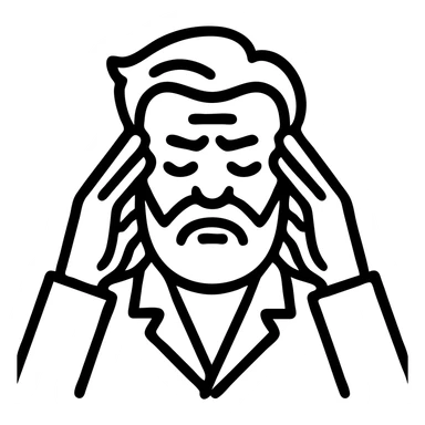 Make the agitated bearded man look older with wrinkles and gray hair. Keep eyes closed and massaging temples. Remove background. sticker