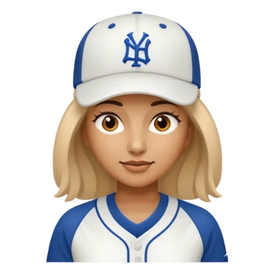 woman with white jersey and baseball hat sticker