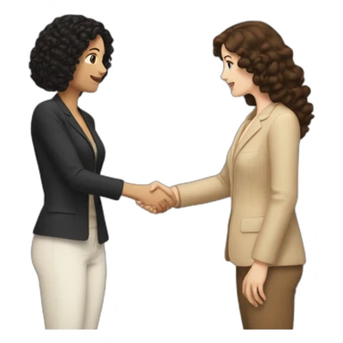 mid-sized pale woman with straight brown hair shakes hands with a tan mid-sized woman with black curly hair sticker