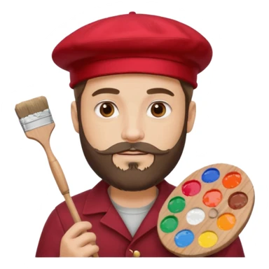 man artist with beard, wearing red beret and painter sticker