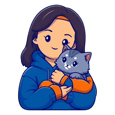 Brunette girl with dark blue sweatshirt snuggling a fluffy grey Siberian cat sticker