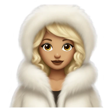 Tanned Girl with lashes , blonde hair, in an extremely big fluffy oversized white fur coat with hood on. The fur is real and it’s very obvious big and fluffy like in Pinterest  sticker