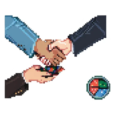 scene of two people shaking hands over a table with charts and coins sticker