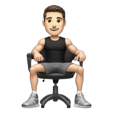 Pale skinned Fit Man With the biceps and dark brown hair in black shirt, gray sports shorts and white Sneakers Sitting on a chair sticker