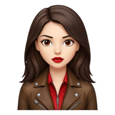brunette with long hair in cuir jacket with red lips and very dark brown eyes sticker