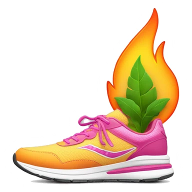 running shoe with pink laces that transform into plant leaves at the tips also behind the running shoe there are orange yellow flames as if the shoe is running with fire behind it sticker