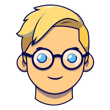 Man with blonde ponytail, round glasses and blue eye sticker