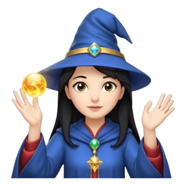 female wizard with black hair under a wizards hat with both hands palm up sticker