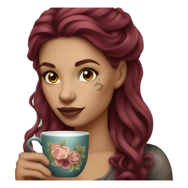 Beautiful tattooed  burgundy long haired woman sipping tea sticker
