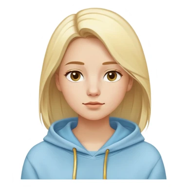 Woman with oval face, light blonde straight hair parted to the side, dreamy expression, wearing a light blue hoodie with gold and white accents sticker