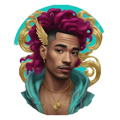 Vintage patina intricate swirls gold jewellery baroque raven wings angel tropical Deep pink maroon burgundy cyan dark hoodie man vitiligo dyed hair gold piercings nose piercing ear piercings sticker