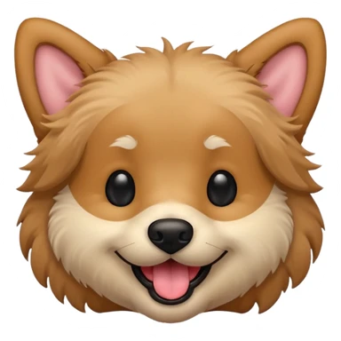 Dog face only, light brown fluffy dog, darker ears, small black nose, happy smiling with tongue out, simple emoji icon. sticker