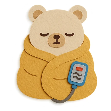 chibi electric blanket-bear hybrid, fluffy, wrapped around itself, sleepy face, soft beige, full-body sticker