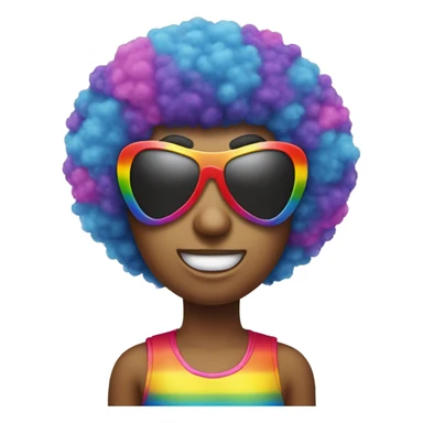 A nervous emoji with heart shaped sunglasses and a rainbow Afro wig sticker