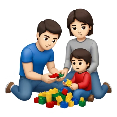 Handsome young man with dark hair built a little heavy like a football player sits with his young fiancé was cascading dark brown hair, putting together Legos sticker