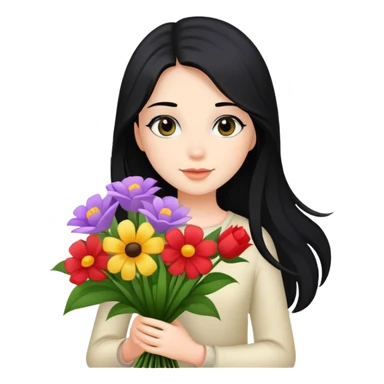 Beautiful girl with long black hair holding a bouquet of flowers sticker