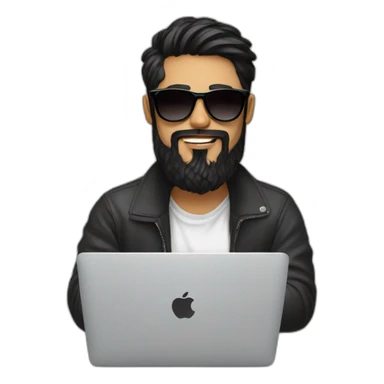 Designer with black hair, beard and round sunglasses working with MacBook and drinking cappuccino  sticker