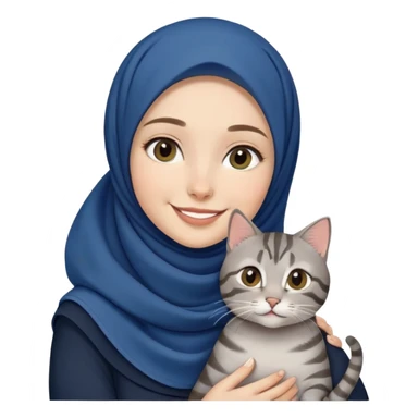 White girl wearing dark blue hijab with white shirt smiling while holding a black grey tabby cat sticker
