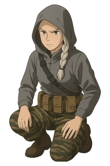 1 female, mid-20's  white hair long braid, gold yellow eyes, gray waterproof tactical shirt hoodie, hood up, single point sling, tan mag pouches on belt rig, tiger stripe camo pants, kneeling, stern focused expression sticker