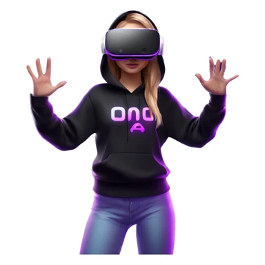 Russian girl wearing black hoody with violet letters "OMG", in vr headset oculus quest2. Standing like jedi. Cyberpunk style. Violet neon. sticker