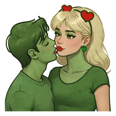 una chica rubia de ojos verdes dándole un beso a un chico moreno de ojos marrones verdosos con este corazón en el medio💘 sticker