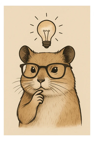 a stylized illustration of a hamster with a paw on its chin, trendy glasses, and a bright idea lightbulb, not kiddish, mature and contemporary style sticker