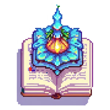 Add a magical glowing aura around the pixel art open enchantment book, keep background transparent. sticker