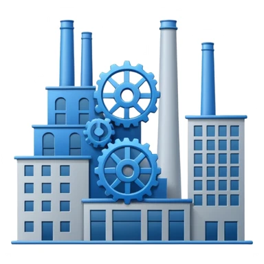 "A minimalist vector icon of a modern manufacturing factory building with a gear symbol above it. Blue and grey color scheme, flat design, white background, simple thick lines, professional business logo style." sticker
