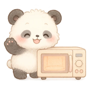 soft fluffy panda microwave oven, chibi style, blushing, waving happily, soft pastel colors, full-body sticker