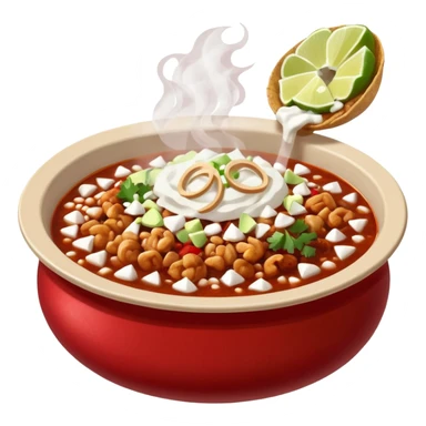 A delicious hot bowl of pozole rojo emoji. Steam rising. Hominy visible. Place the sides next to the bowl: chopped onions, shredded cabbage, lime wedges, red chile de arbol salsa, and full round tostadas with a light smear of sour cream sticker