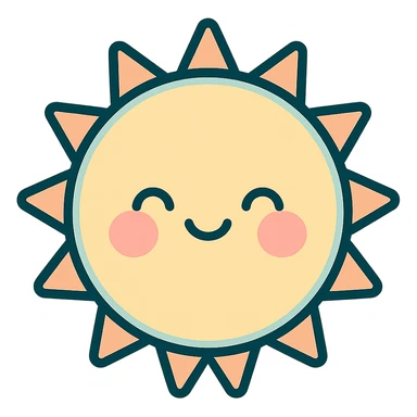 smiling kawaii sun with blushing cheeks, icon-color-outlined style, detailed shading, thin clean outlines, soft rounded features, pastel palette #98B5BC #B5B3C1 #C9A3C9 #E4C0CA #F7DCD1 #F7C0AA, Japanese pop art, sticker look, highly detailed, vector clarity, soft lighting, subtle shadows, transparent background sticker