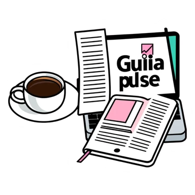 pink magazine with the title 'Guia Pulse' on the cover, next to a coffee cup and a MacBook sticker