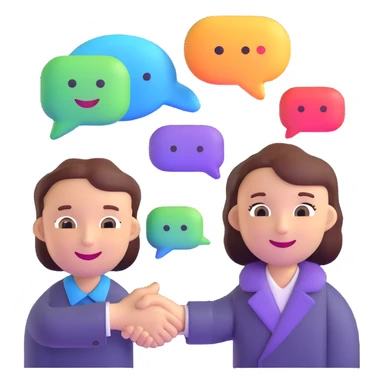 candidate profile card with a smiling avatar, chat bubbles, and a handshake icon representing relationship management sticker