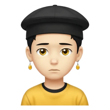 Create me an emoji like that, sad, with earrings, a black cap backwards, yellow skin like an emoji, and short hair down to the nape of my neck. Let it be a boy sticker