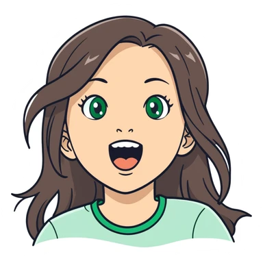 white girl, long brunette hair, green eyes screams screams with delight joy on her face sticker