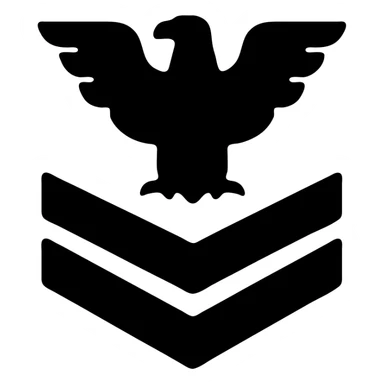 U.S. Navy E-2 insignia, gold eagle above two gold chevrons, blue background, clean vector icon sticker