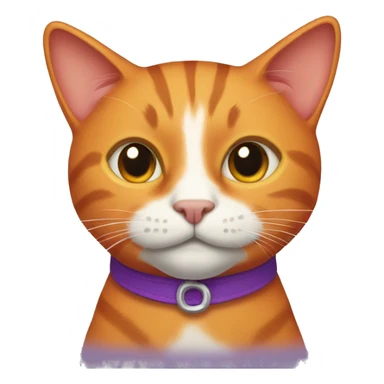 An orange cat with a purple collar sticker