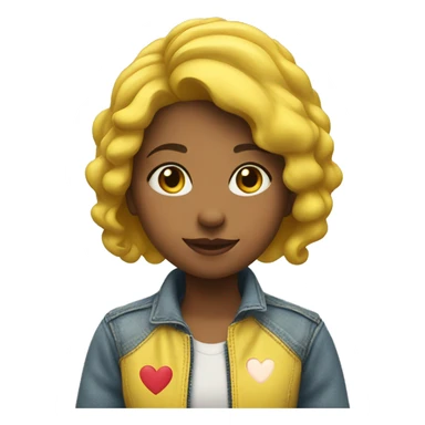 A girl with a loving face wearing a yellow jeans jacket and 3 heart shapes on her head sticker