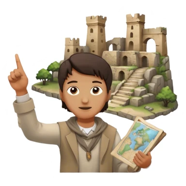 Icon for Documentary Film: A traveler in casual clothing standing and pointing towards ancient ruins, explaining history. The scene should evoke a sense of exploration, with the traveler holding a map or scroll. Include crumbling stones and historical artifacts. Transparent background. sticker