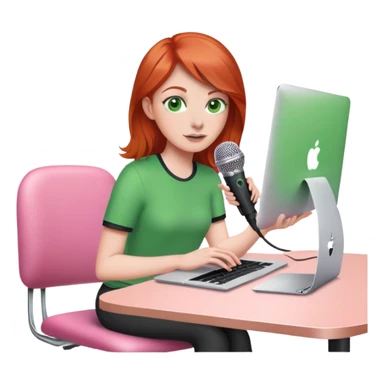 Red head green eyes sat at desk with MacBook, microphone and iPhone sat on a pink desk chair  sticker