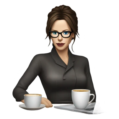 Hyper Realistic Kate Beckinsale dark blue eyes wearing glasses drinking coffee at a laptop  sticker