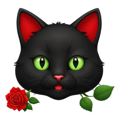 Cute emoji-style black cat holding a red rose in its mouth, big round eyes with light green sclera and black pupils, fluffy fur, clean mascot style, centered, soft beige background, 1:1 ratio. sticker